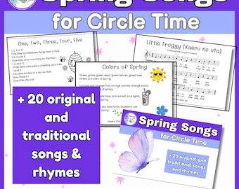 Circle Time Songs - 20 Printable B&W Song Cards on Spring Themes for Preschool/PreK/K/1