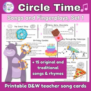Set di canzoni Circle Time 1 - 16 schede di canzoni in bianco e nero stampabili su temi generali per la scuola materna/PreK/K/1