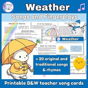 Circle Time Songs - 20 cartes de chansons imprimables en noir et blanc sur des thèmes météorologiques pour les enfants d'âge préscolaire/préscolaire/maternelle/1