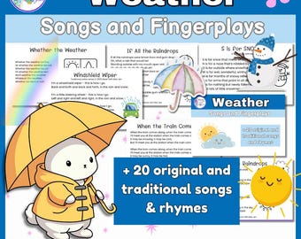 Circle Time Songs - 20 Printable B&W Song Cards on Weather Themes for Preschool/PreK/K/1