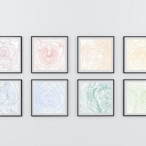 Conjunto de topografía multicolor de 8, impresiones digitales cuadradas, pared de galería, JPG y PDF