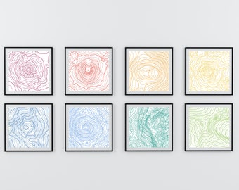 Multicolored Topography Set of 8, Square Digital Prints, Gallery Wall, JPG and PDF