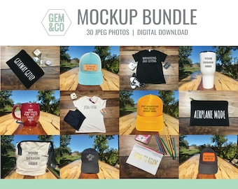 30 Mockups Variety Bundle: t-shirts, baseball caps, trucker hats, pouches and mugs