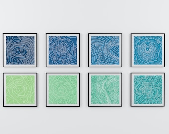 Mountain Topography Art Prints, Blue Green Gallery Wall Set (Digital Download)