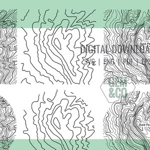 Puede incluir: Un conjunto de cuatro ilustraciones de mapas topográficos en blanco y negro. Las ilustraciones presentan líneas de contorno y el texto "Bald Peak 1,637".