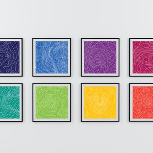 Rainbow Mountain Topography Set of 8, Square Digital Prints, Gallery Wall, JPG and PDF