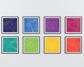 Rainbow Mountain Topography Set of 8, Square Digital Prints, Gallery Wall, JPG and PDF