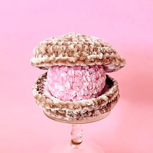 Puede incluir: Una concha de almeja de ganchillo con una bola rosa de ganchillo en su interior. La concha de almeja es marrón y tiene una textura peluda. La bola es rosa y tiene una textura peluda. La concha de almeja está sentada sobre un pedestal de vidrio.