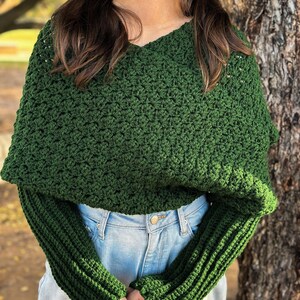 Handmade Crochet Sweater Scarf Green Yarn Wrap Winter Accessory Fashion Statement Chunky Knit Design Textured Pattern Sleeve Detail Cozy Neck Warmer Multiple Size Options Forest Green Color Soft Acrylic Material Casual Outfit Pairing Cold