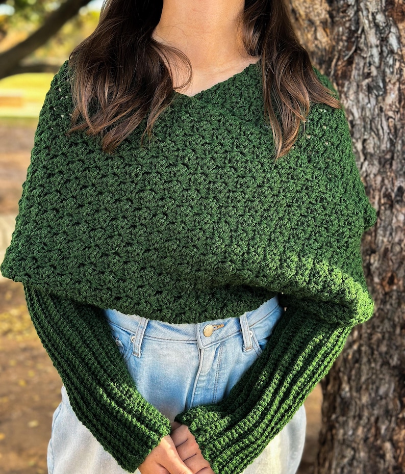 Handmade Crochet Sweater Scarf Green Yarn Wrap Winter Accessory Fashion Statement Chunky Knit Design Textured Pattern Sleeve Detail Cozy Neck Warmer Multiple Size Options Forest Green Color Soft Acrylic Material Casual Outfit Pairing Cold