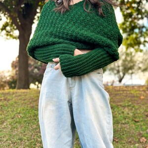 Textured Design Crochet Sweater Scarf Green Yarn Wrap Handmade Winter Accessory Chunky Knit Style Long Sleeve Detail Warm Comfortable Piece Forest Green Color Soft Acrylic Material Fashion Forward Look Multiple Size Options Casual Outfit