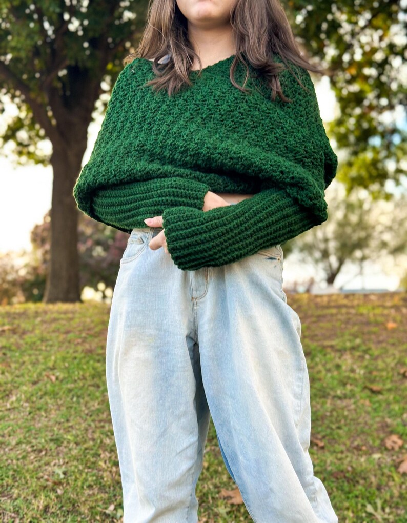 Textured Design Crochet Sweater Scarf Green Yarn Wrap Handmade Winter Accessory Chunky Knit Style Long Sleeve Detail Warm Comfortable Piece Forest Green Color Soft Acrylic Material Fashion Forward Look Multiple Size Options Casual Outfit