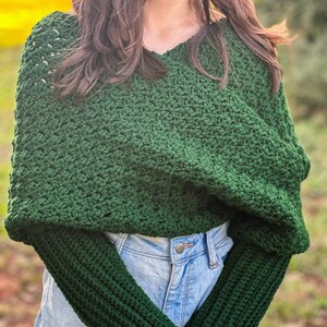 Textured Design Crochet Sweater Scarf Green Yarn Wrap Handmade Winter Accessory Chunky Knit Style Long Sleeve Detail Warm Comfortable Piece Forest Green Color Soft Acrylic Material Fashion Forward Look Multiple Size Options Casual Outfit