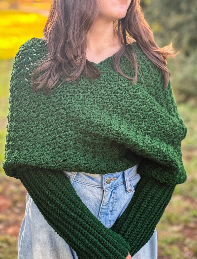 Textured Design Crochet Sweater Scarf Green Yarn Wrap Handmade Winter Accessory Chunky Knit Style Long Sleeve Detail Warm Comfortable Piece Forest Green Color Soft Acrylic Material Fashion Forward Look Multiple Size Options Casual Outfit