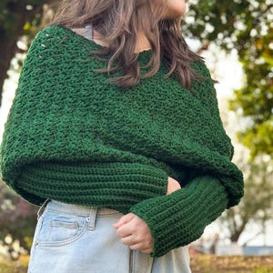 Handmade Crochet Sweater Scarf Green Yarn Wrap Winter Accessory Fashion Statement Chunky Knit Design Textured Pattern Sleeve Detail Cozy Neck Warmer Multiple Size Options Forest Green Color Soft Acrylic Material Casual Outfit Pairing Cold