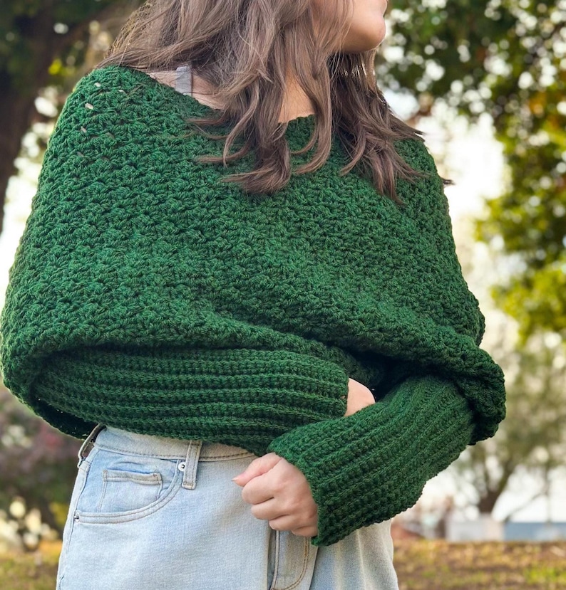 Handmade Crochet Sweater Scarf Green Yarn Wrap Winter Accessory Fashion Statement Chunky Knit Design Textured Pattern Sleeve Detail Cozy Neck Warmer Multiple Size Options Forest Green Color Soft Acrylic Material Casual Outfit Pairing Cold