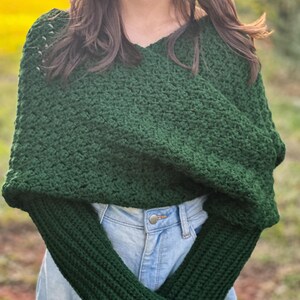 Cozy Winter Wrap Crochet Sweater Scarf Green Yarn Material Handmade Fashion Accessory Textured Design Pattern Warm Comfortable Piece Long Sleeve Detail Multiple Size Options Forest Green Color Soft Acrylic Yarn Cold Weather Essential