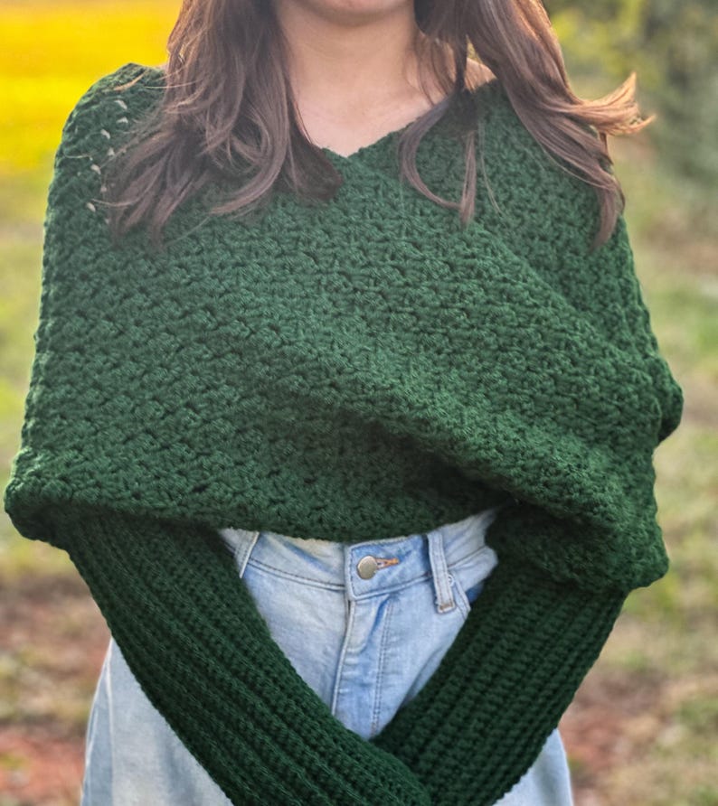 Cozy Winter Wrap Crochet Sweater Scarf Green Yarn Material Handmade Fashion Accessory Textured Design Pattern Warm Comfortable Piece Long Sleeve Detail Multiple Size Options Forest Green Color Soft Acrylic Yarn Cold Weather Essential