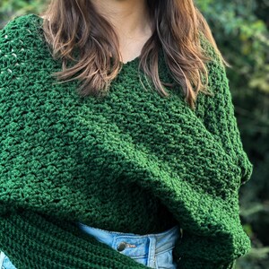 Versatile Crochet Wrap Sweater Scarf Design Green Yarn Material Handmade Winter Accessory Three Size Options Custom Fit Selection Textured Stitch Pattern Long Sleeve Detail Cozy Neck Warmer Forest Green Color Soft Acrylic Yarn Fashion