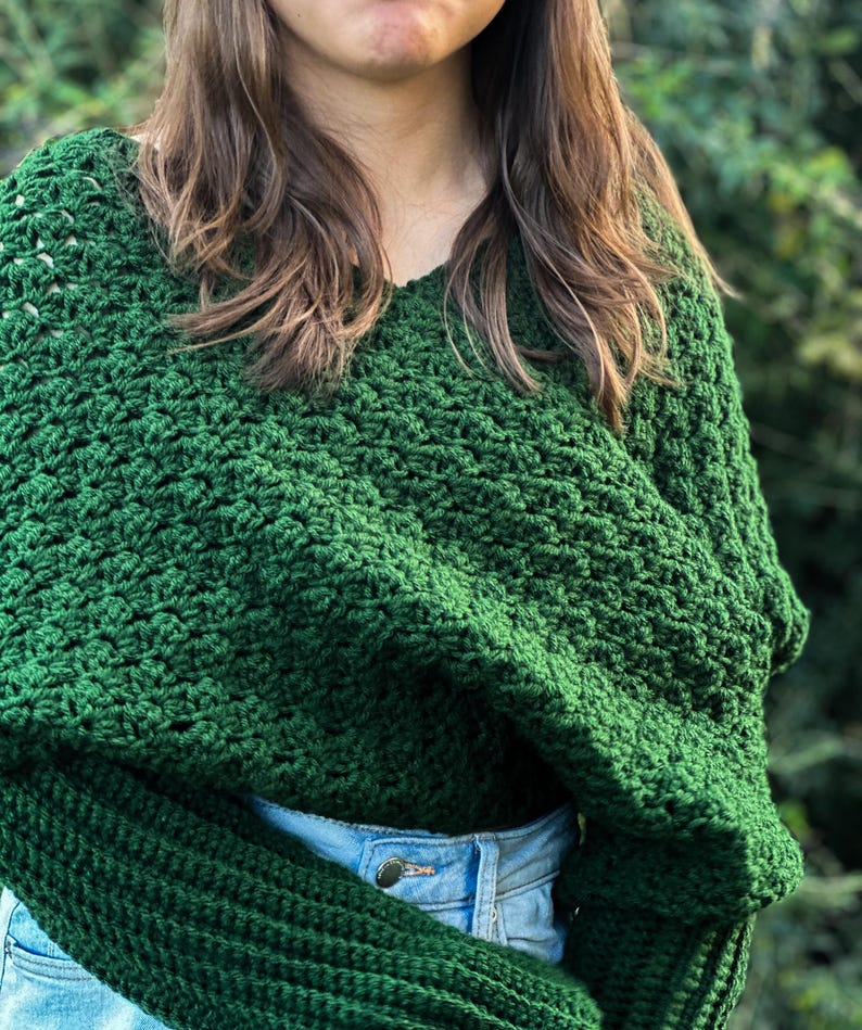 Versatile Crochet Wrap Sweater Scarf Design Green Yarn Material Handmade Winter Accessory Three Size Options Custom Fit Selection Textured Stitch Pattern Long Sleeve Detail Cozy Neck Warmer Forest Green Color Soft Acrylic Yarn Fashion