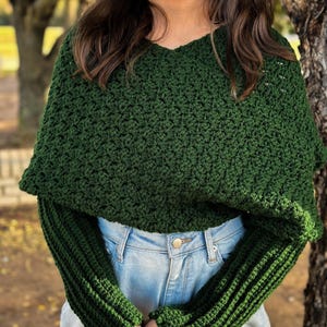 Cozy Winter Wrap Crochet Sweater Scarf Green Yarn Material Handmade Fashion Accessory Textured Design Pattern Warm Comfortable Piece Long Sleeve Detail Multiple Size Options Forest Green Color Soft Acrylic Yarn Cold Weather Essential