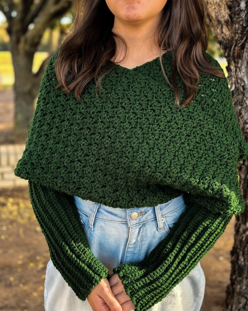 Cozy Winter Wrap Crochet Sweater Scarf Green Yarn Material Handmade Fashion Accessory Textured Design Pattern Warm Comfortable Piece Long Sleeve Detail Multiple Size Options Forest Green Color Soft Acrylic Yarn Cold Weather Essential