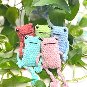 May include: Five crocheted frog plushies in different colors: red, green, light blue, turquoise, and pink. The plushies are sitting on a surface covered in green leaves.