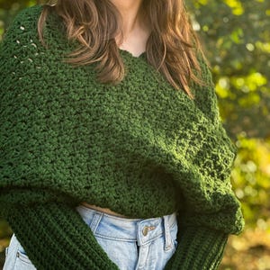 Winter Fashion Accessory Crochet Sweater Scarf Green Yarn Wrap Handmade Garment Chunky Knit Style Textured Design Pattern Warm Comfortable Piece Long Sleeve Detail Multiple Size Options Forest Green Color Soft Acrylic Material Cold Weather