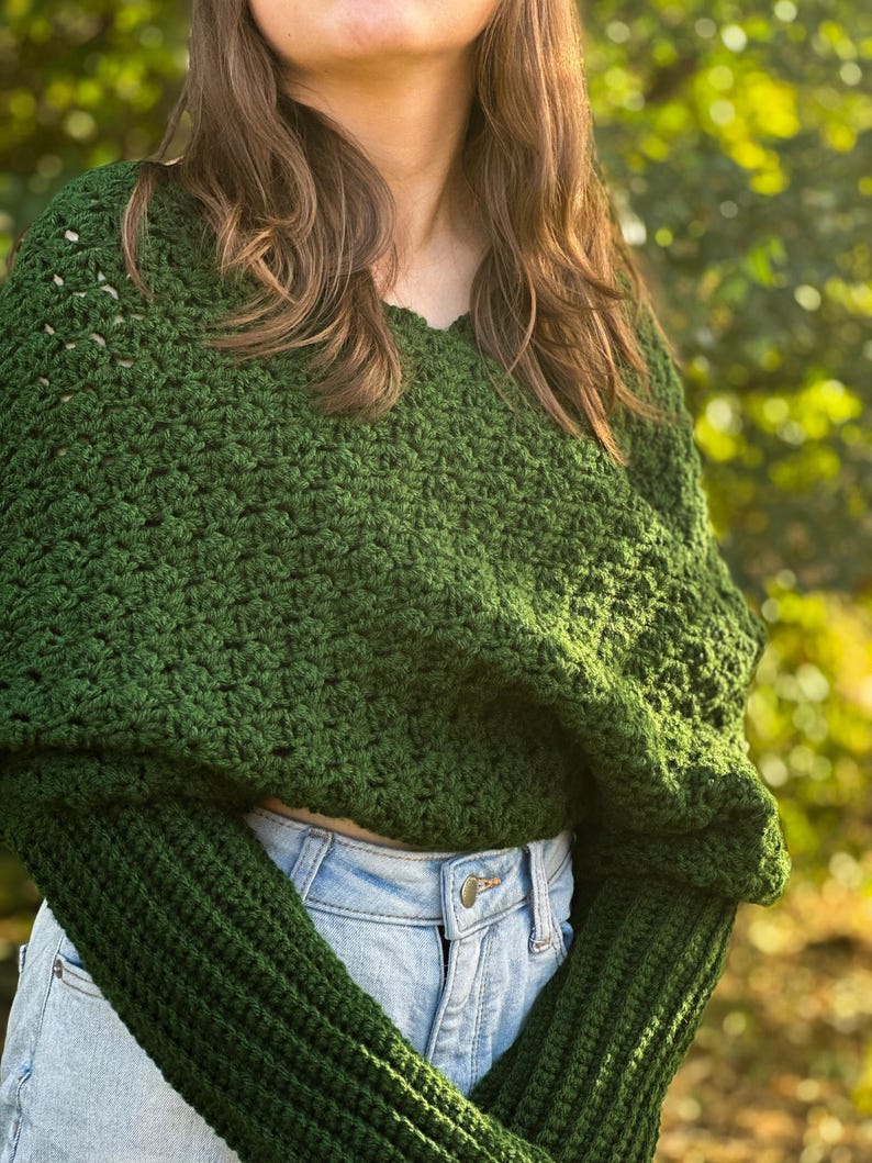 Winter Fashion Accessory Crochet Sweater Scarf Green Yarn Wrap Handmade Garment Chunky Knit Style Textured Design Pattern Warm Comfortable Piece Long Sleeve Detail Multiple Size Options Forest Green Color Soft Acrylic Material Cold Weather