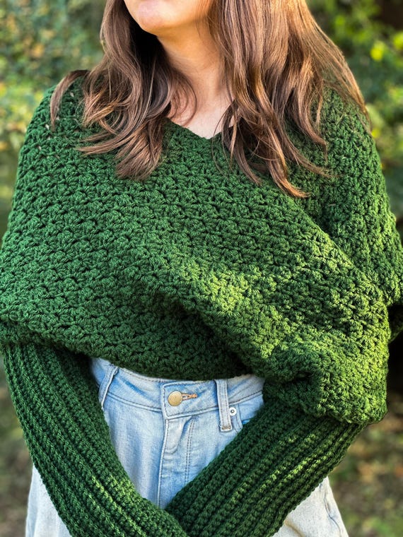 Crochet Sweater Scarf Green Yarn Wrap Accessory Winter Garment Handmade Fashion Chunky Crochet Shawl Sleeve Textured Design Warm Piece