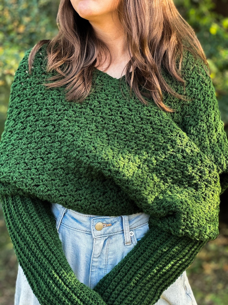 Handmade Crochet Sweater Scarf Green Yarn Wrap Winter Accessory Fashion Statement Chunky Knit Design Textured Pattern Sleeve Detail Cozy Neck Warmer Multiple Size Options Forest Green Color Soft Acrylic Material Casual Outfit Pairing Cold