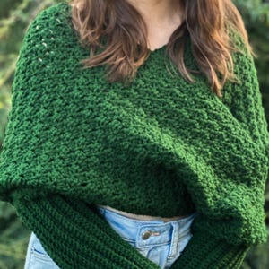 Cozy Winter Wrap Crochet Sweater Scarf Green Yarn Material Handmade Fashion Accessory Textured Design Pattern Warm Comfortable Piece Long Sleeve Detail Multiple Size Options Forest Green Color Soft Acrylic Yarn Cold Weather Essential