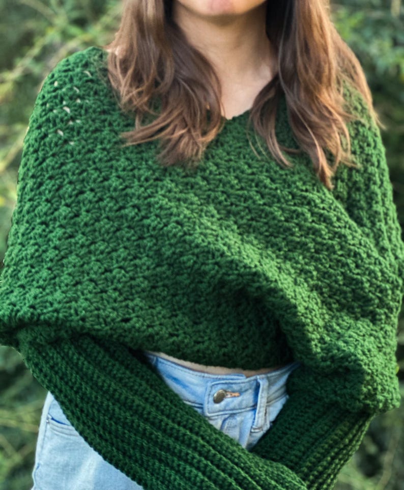 Cozy Winter Wrap Crochet Sweater Scarf Green Yarn Material Handmade Fashion Accessory Textured Design Pattern Warm Comfortable Piece Long Sleeve Detail Multiple Size Options Forest Green Color Soft Acrylic Yarn Cold Weather Essential