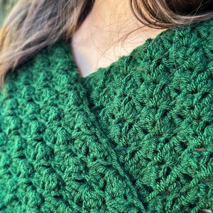 Winter Fashion Accessory Crochet Sweater Scarf Green Yarn Wrap Handmade Garment Chunky Knit Style Textured Design Pattern Warm Comfortable Piece Long Sleeve Detail Multiple Size Options Forest Green Color Soft Acrylic Material Cold Weather