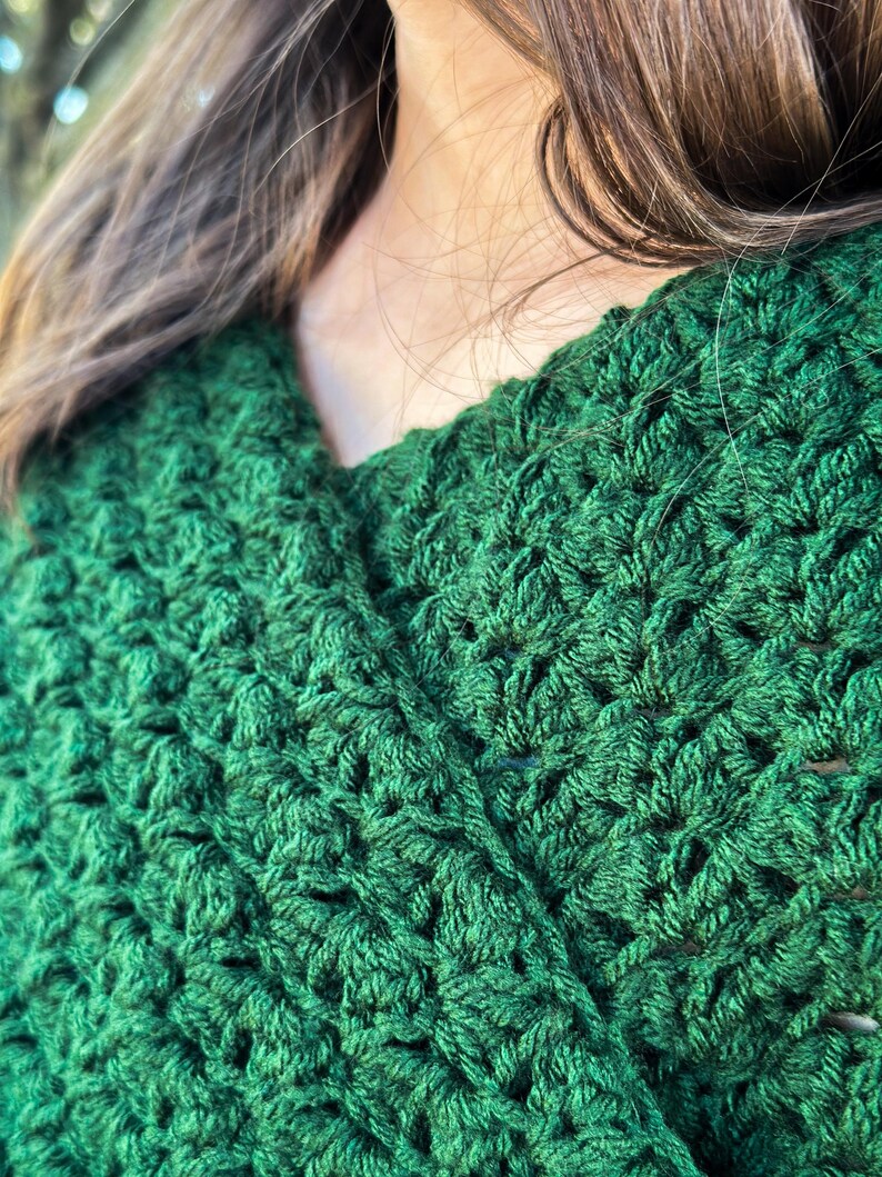 Winter Fashion Accessory Crochet Sweater Scarf Green Yarn Wrap Handmade Garment Chunky Knit Style Textured Design Pattern Warm Comfortable Piece Long Sleeve Detail Multiple Size Options Forest Green Color Soft Acrylic Material Cold Weather