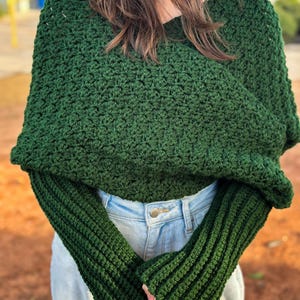 Winter Fashion Accessory Crochet Sweater Scarf Green Yarn Wrap Handmade Garment Chunky Knit Style Textured Design Pattern Warm Comfortable Piece Long Sleeve Detail Multiple Size Options Forest Green Color Soft Acrylic Material Cold Weather