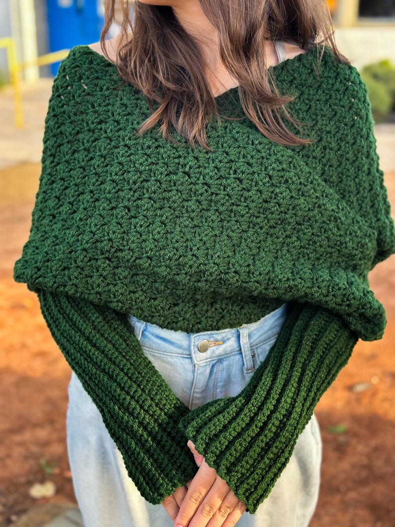 Winter Fashion Accessory Crochet Sweater Scarf Green Yarn Wrap Handmade Garment Chunky Knit Style Textured Design Pattern Warm Comfortable Piece Long Sleeve Detail Multiple Size Options Forest Green Color Soft Acrylic Material Cold Weather