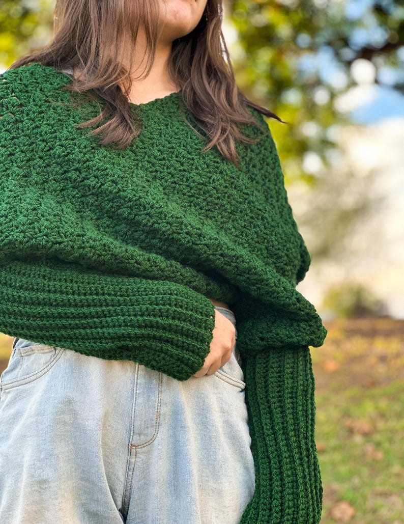 Versatile Crochet Wrap Sweater Scarf Design Green Yarn Material Handmade Winter Accessory Three Size Options Custom Fit Selection Textured Stitch Pattern Long Sleeve Detail Cozy Neck Warmer Forest Green Color Soft Acrylic Yarn Fashion