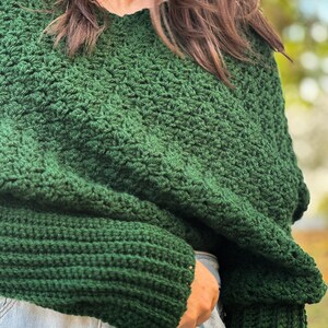 Winter Fashion Accessory Crochet Sweater Scarf Green Yarn Wrap Handmade Garment Chunky Knit Style Textured Design Pattern Warm Comfortable Piece Long Sleeve Detail Multiple Size Options Forest Green Color Soft Acrylic Material Cold Weather