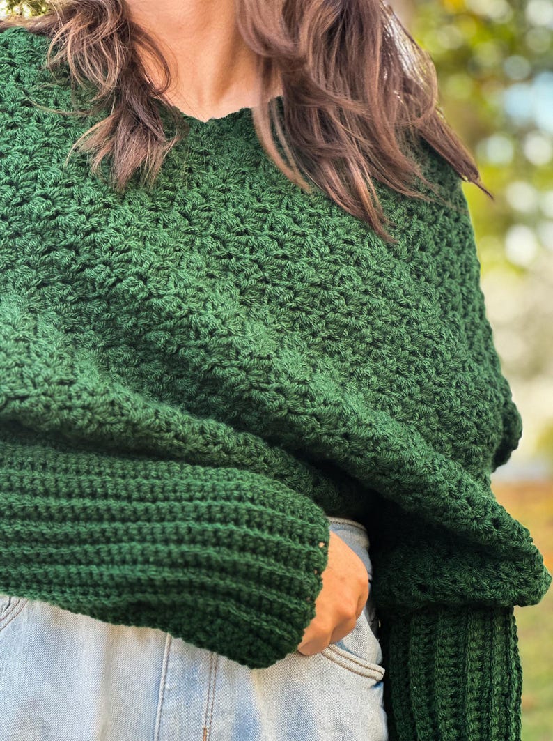 Winter Fashion Accessory Crochet Sweater Scarf Green Yarn Wrap Handmade Garment Chunky Knit Style Textured Design Pattern Warm Comfortable Piece Long Sleeve Detail Multiple Size Options Forest Green Color Soft Acrylic Material Cold Weather