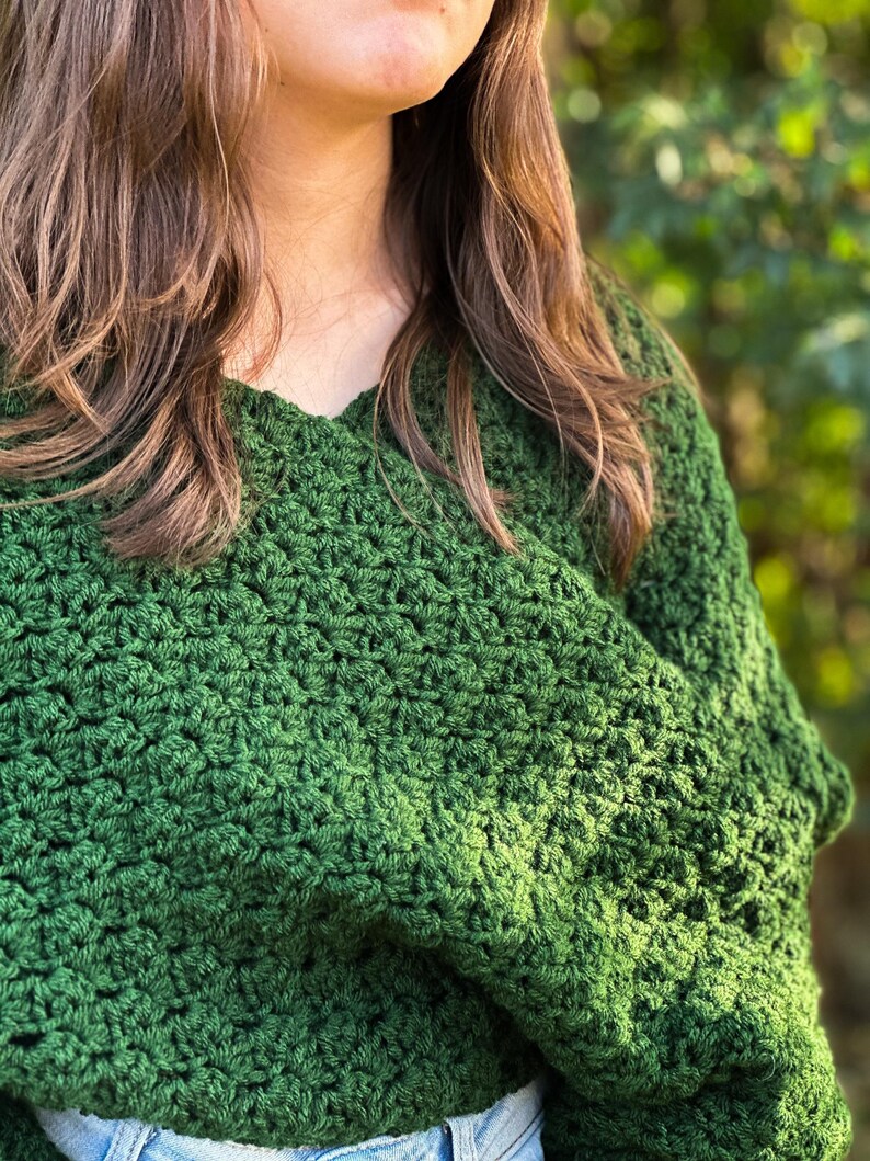 Versatile Crochet Wrap Sweater Scarf Design Green Yarn Material Handmade Winter Accessory Three Size Options Custom Fit Selection Textured Stitch Pattern Long Sleeve Detail Cozy Neck Warmer Forest Green Color Soft Acrylic Yarn Fashion