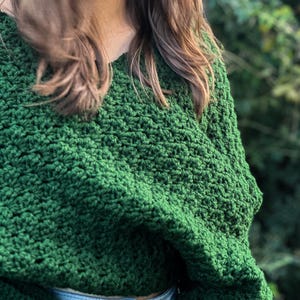 Cozy Winter Wrap Crochet Sweater Scarf Green Yarn Material Handmade Fashion Accessory Textured Design Pattern Warm Comfortable Piece Long Sleeve Detail Multiple Size Options Forest Green Color Soft Acrylic Yarn Cold Weather Essential