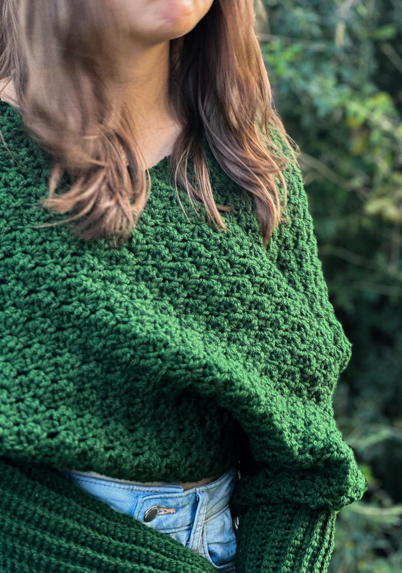 Cozy Winter Wrap Crochet Sweater Scarf Green Yarn Material Handmade Fashion Accessory Textured Design Pattern Warm Comfortable Piece Long Sleeve Detail Multiple Size Options Forest Green Color Soft Acrylic Yarn Cold Weather Essential