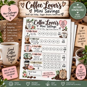 Puede incluir: Una hoja de seguimiento de ahorros imprimible titulada Coffee Lover's Mini Savings que presenta cinco desafíos distintos con ilustraciones temáticas de café, incluyendo tazas, granos de café y donas, junto a círculos para registrar montos.
