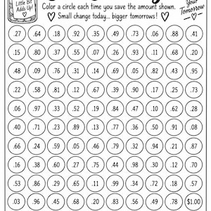 May include: A black and white printable Coin Challenge tracker sheet featuring a jar illustration, the text Coin Challenge, and rows of circles containing various monetary values from .03 to $1.00, with a space at the bottom to record the total amount saved.
