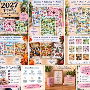 Pode incluir: Um conjunto de desafios de poupança mensal para 2027 com doze páginas imprimíveis com ilustrações sazonais para cada mês, de janeiro a dezembro, instruções de uso, tamanho de 8,5 x 11 polegadas e uma caneca rosa com texto.