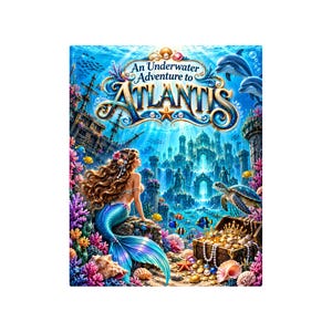 May include: A rectangular print titled An Underwater Adventure to Atlantis featuring a mermaid with long brown hair, a blue tail, a sunken ship, a sea turtle, a treasure chest filled with gold and pearls, and a glowing underwater city.