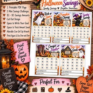 May include: A printable PDF savings challenge sheet featuring five Halloween-themed designs with cowgirl and spooky motifs. Each section includes circles labelled $1 to $5 for tracking savings, with text such as Trick or Save, Pumpkin Change, Spooky Savings, Cowgirl Treats, and Boo-tiful Goals.