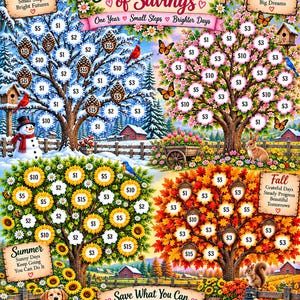 May include: A Four Seasons of Savings tracker poster featuring four trees representing winter, spring, summer, and fall. Each tree contains circular icons with dollar amounts to color in, surrounded by seasonal imagery like a snowman, flowers, and animals.