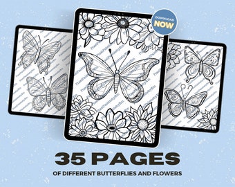 May include: A digital download of 35 coloring pages featuring intricate black and white illustrations of butterflies and flowers.  The pages are perfect for adults and children who enjoy coloring.